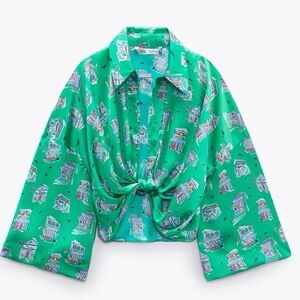 Zara Green Button Down Crop Top with Notched Collar